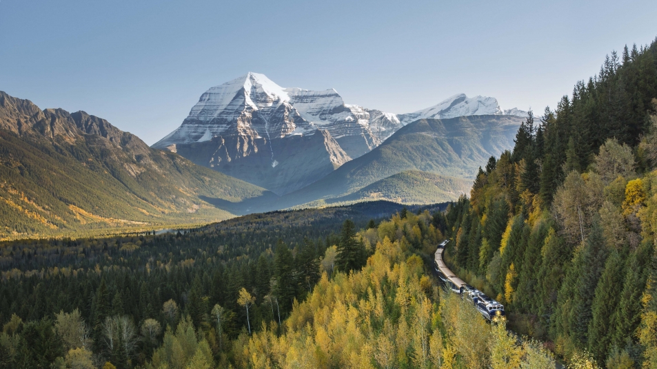 Rocky Mountaineer passing Mount Robson on Journey through the Clouds.
