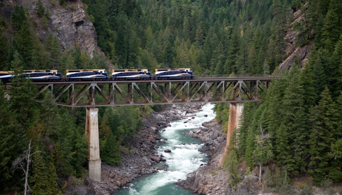 Rocky Mountaineer train crossing the Nahalatch River near Boston Bar, British Columbia