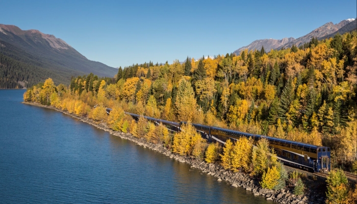 Rocky Mountaineer train travelling past Moose Lake, British Columbia